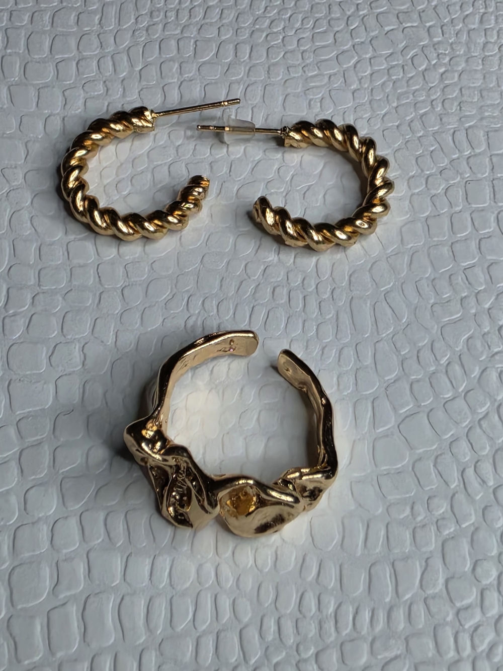 Gold Twisted Hoop Earrings + Sculpted Adjustable Ring
